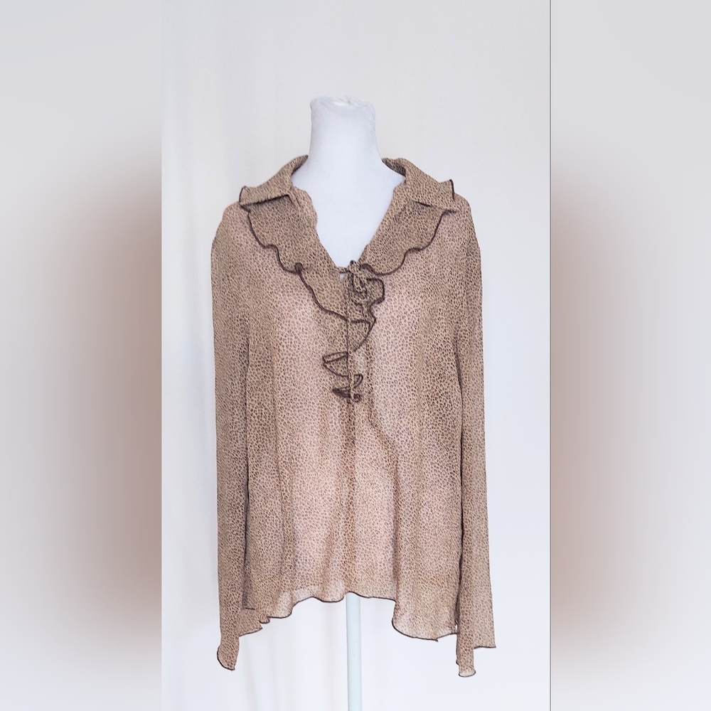 Sharon Young Ruffle Collar Long Sleeve Blouse Size 10 Leopard Print